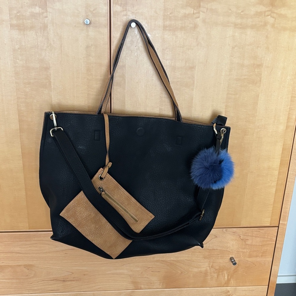 Black Tote Bag with attached inner tan pouch